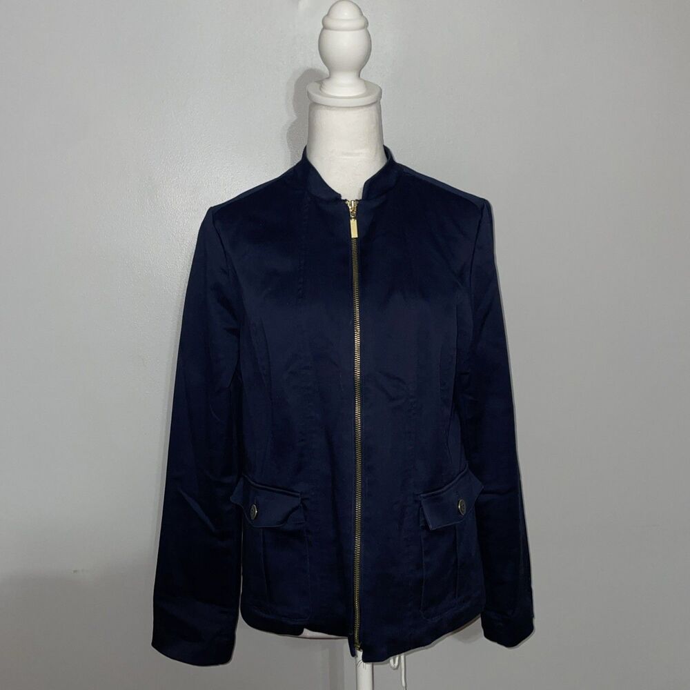 Charter Club Womens 10 Navy Blue Moto Jacket Zip Front Ponte Blazer Pockets